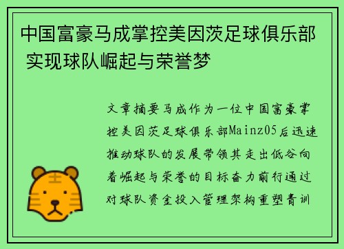 中国富豪马成掌控美因茨足球俱乐部 实现球队崛起与荣誉梦 中国富豪马成掌控美因茨足球俱乐部 实现球队崛起与荣誉梦