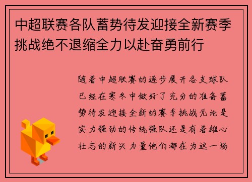 中超联赛各队蓄势待发迎接全新赛季挑战绝不退缩全力以赴奋勇前行